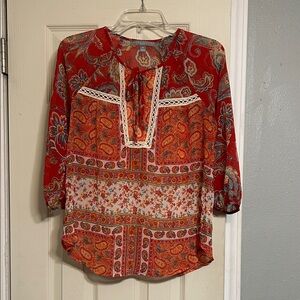 2/$9, 4/$15 Valerie Stevens, Orange floral blouse tie neck